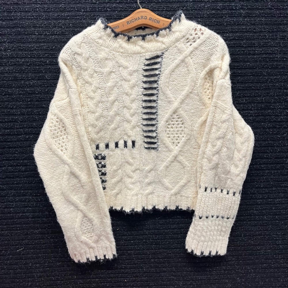 Miou Muse Cream Cable Knit Sweater Black Whipstitch Detail T2788 Womens Large